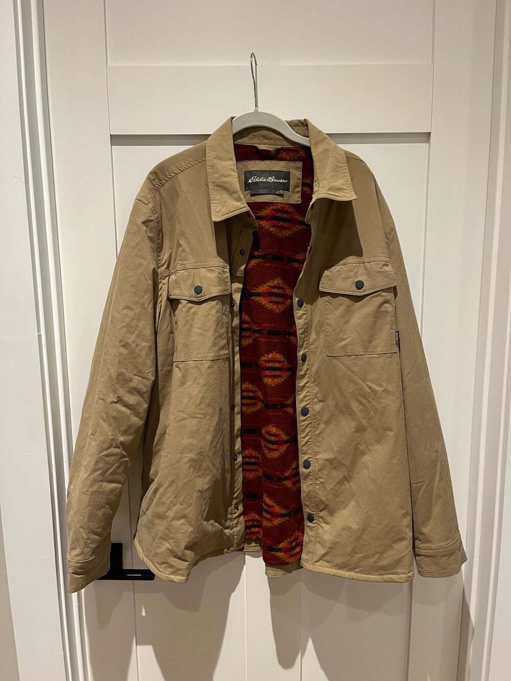 Eddie Bauer Men's XL Beige Canvas Aztec Fleece Lined Snap Button Jacket Shirt